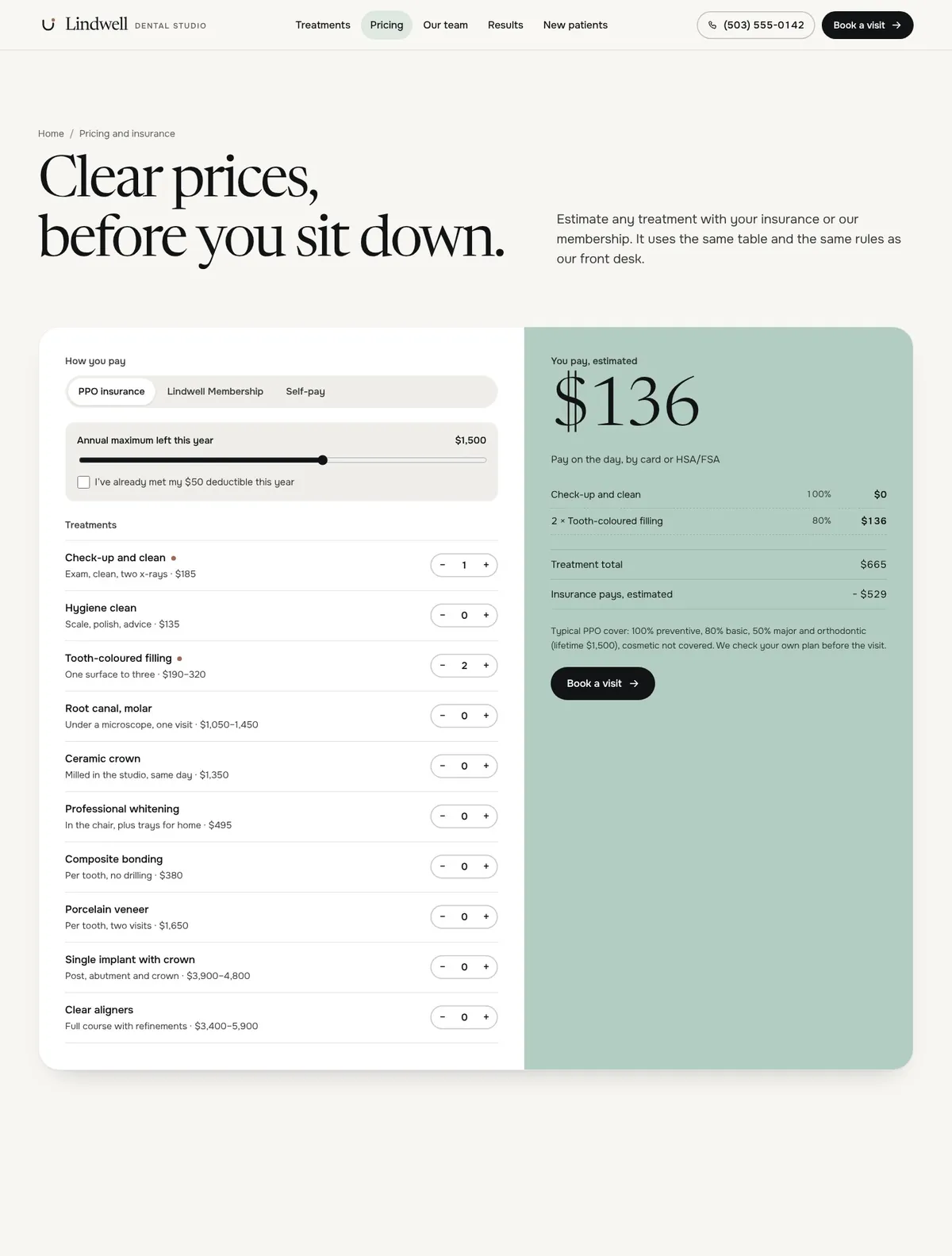 Lindwell, Pricing + insurance page