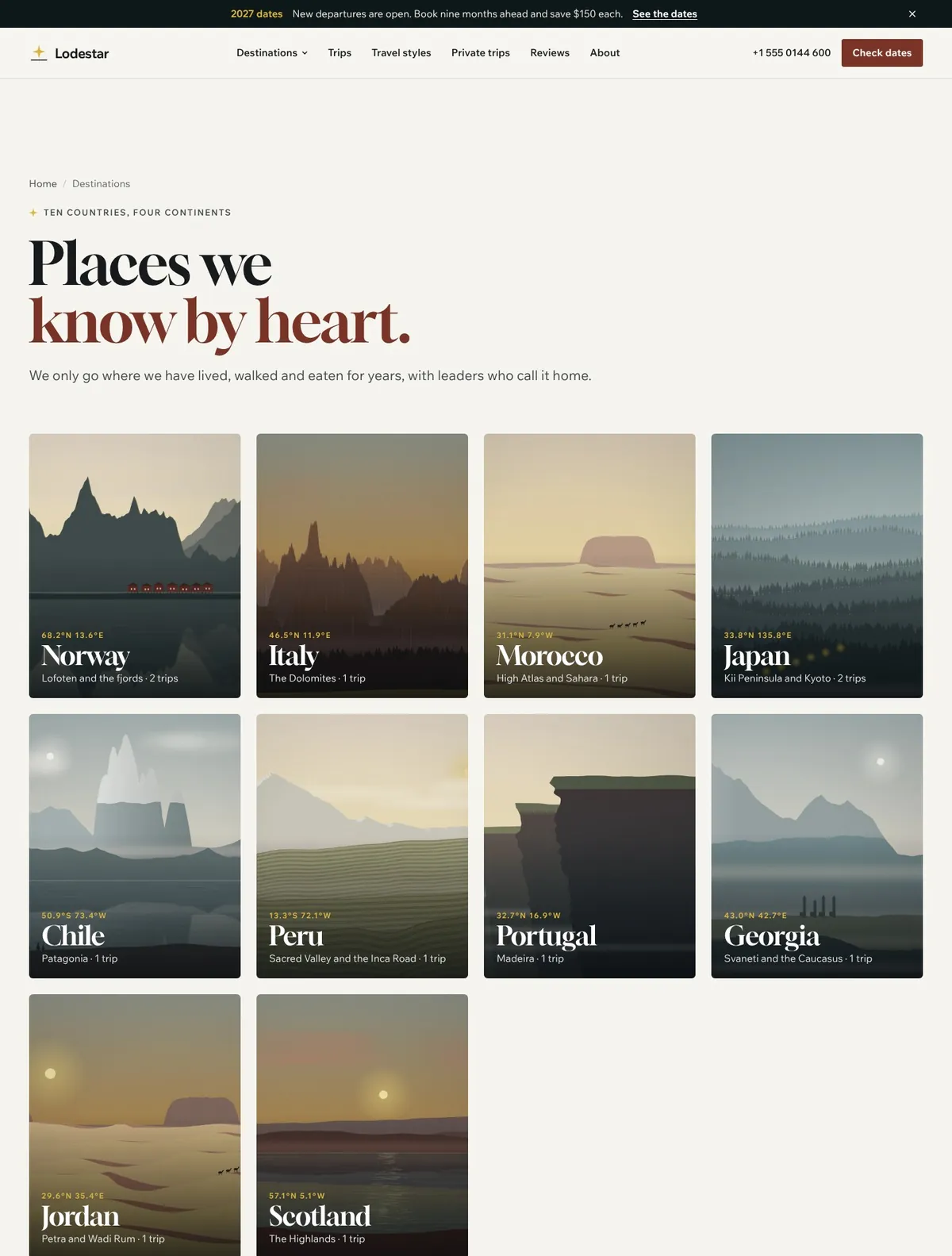 Lodestar, Destinations page