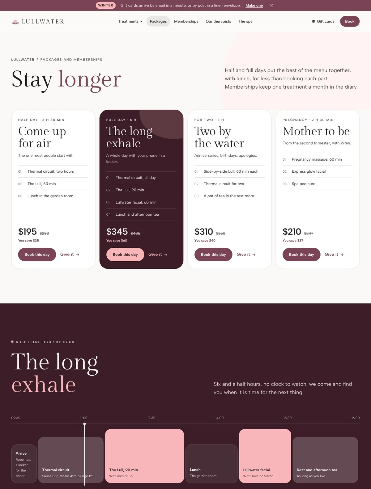 Lullwater, Packages and memberships page