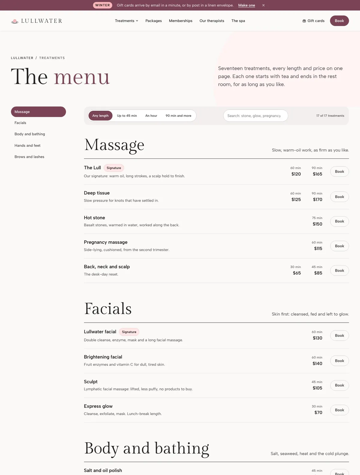 Lullwater, Treatments and prices page