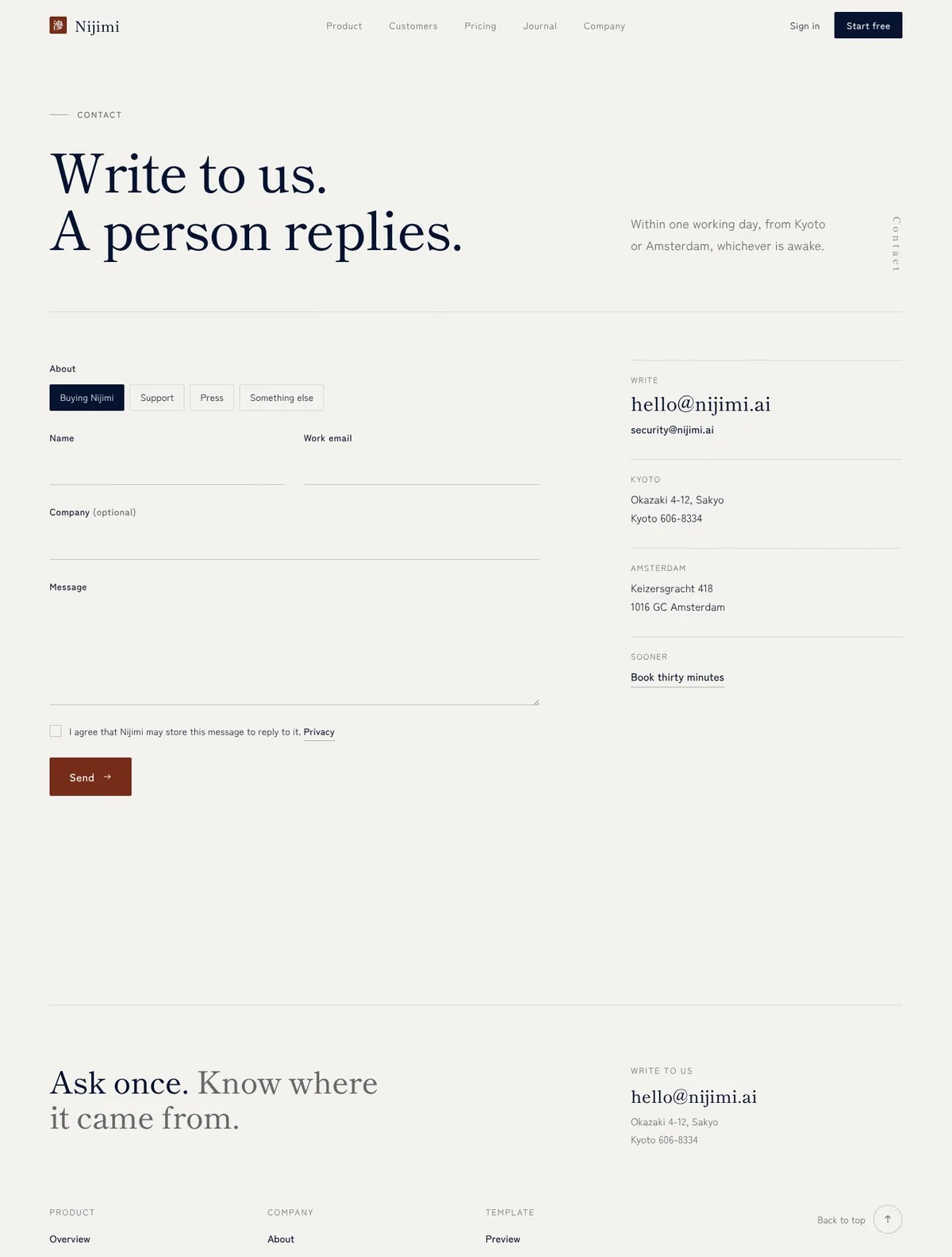 Nijimi, Contact page