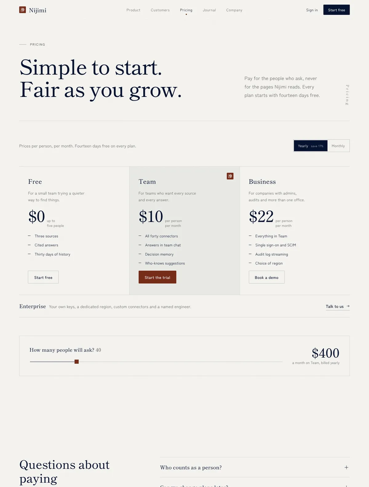 Nijimi, Pricing page