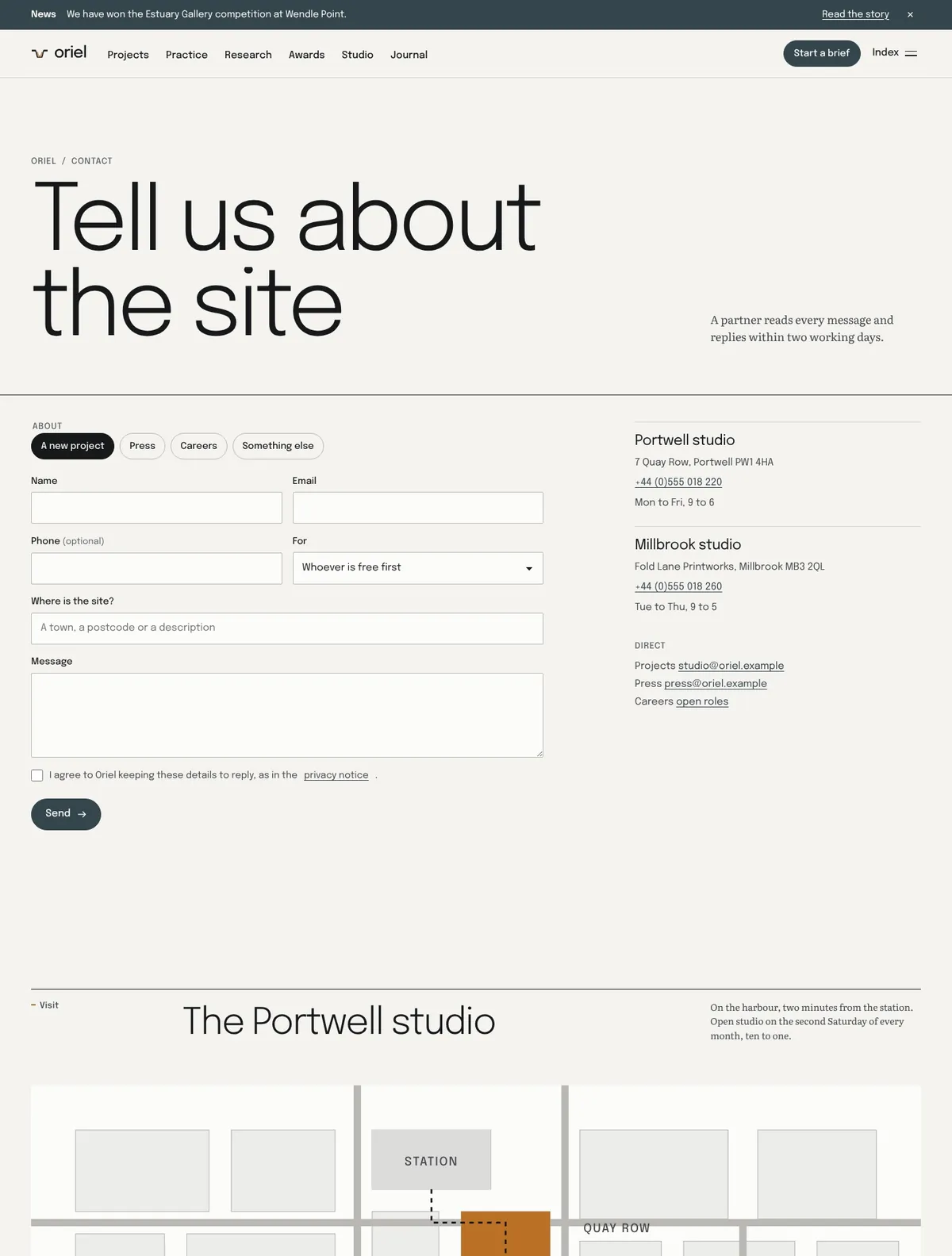 Oriel, Contact page