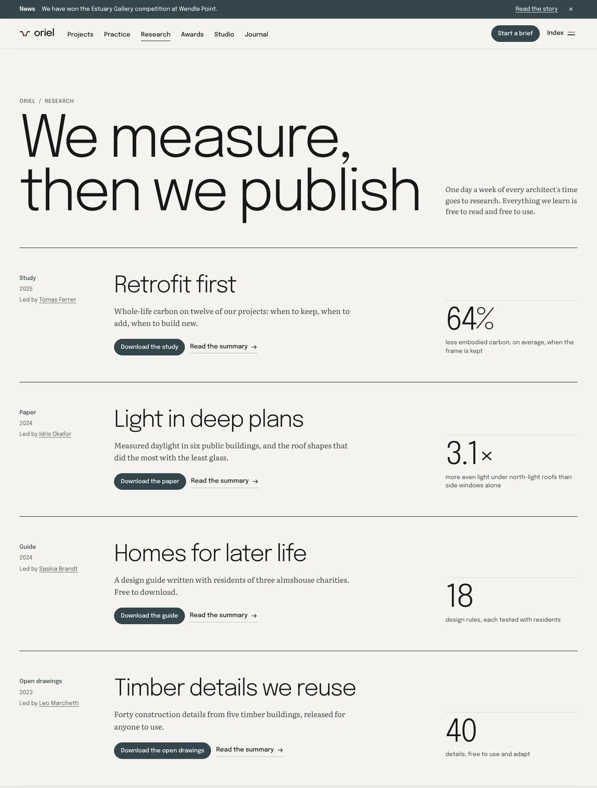 Oriel, Research page