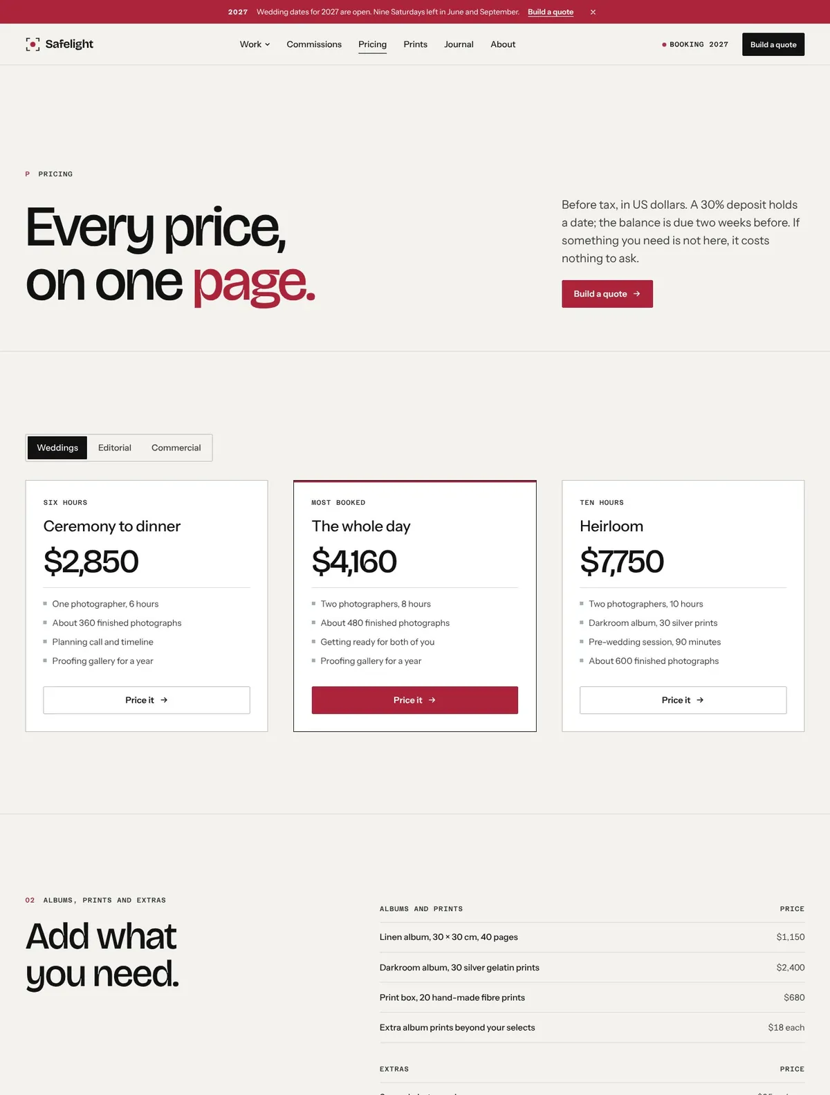 Safelight, Pricing page