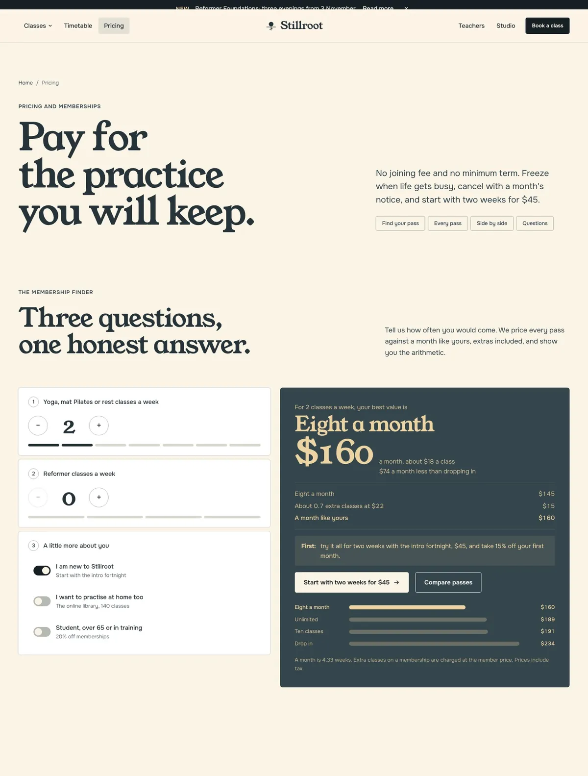 Stillroot, Pricing page