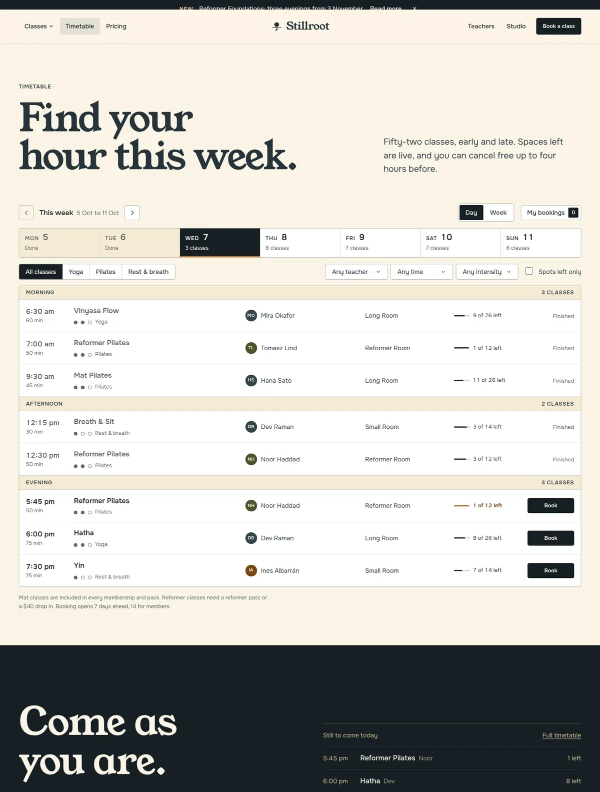 Stillroot, Timetable page