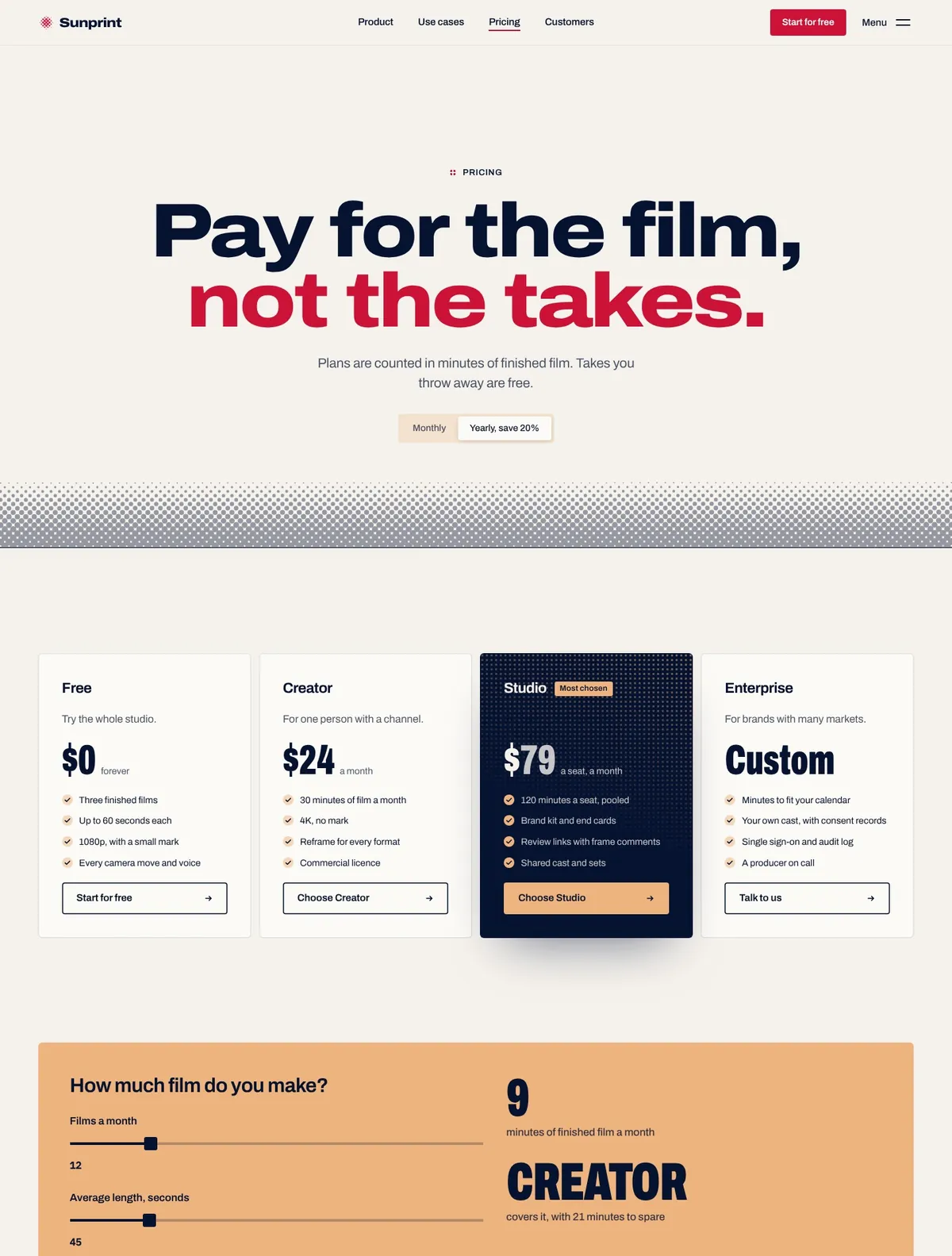 Sunprint, Pricing page