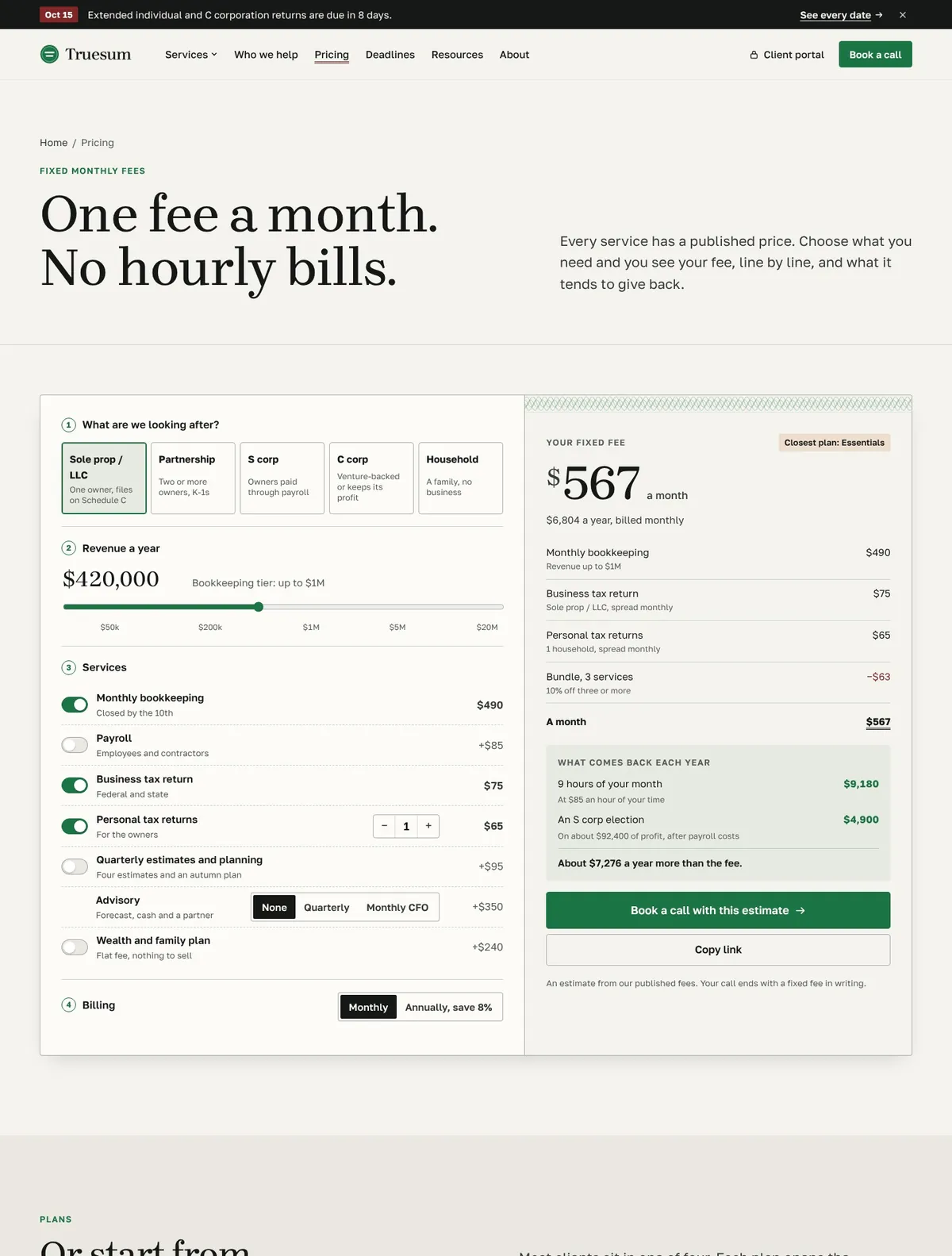Truesum, Pricing page