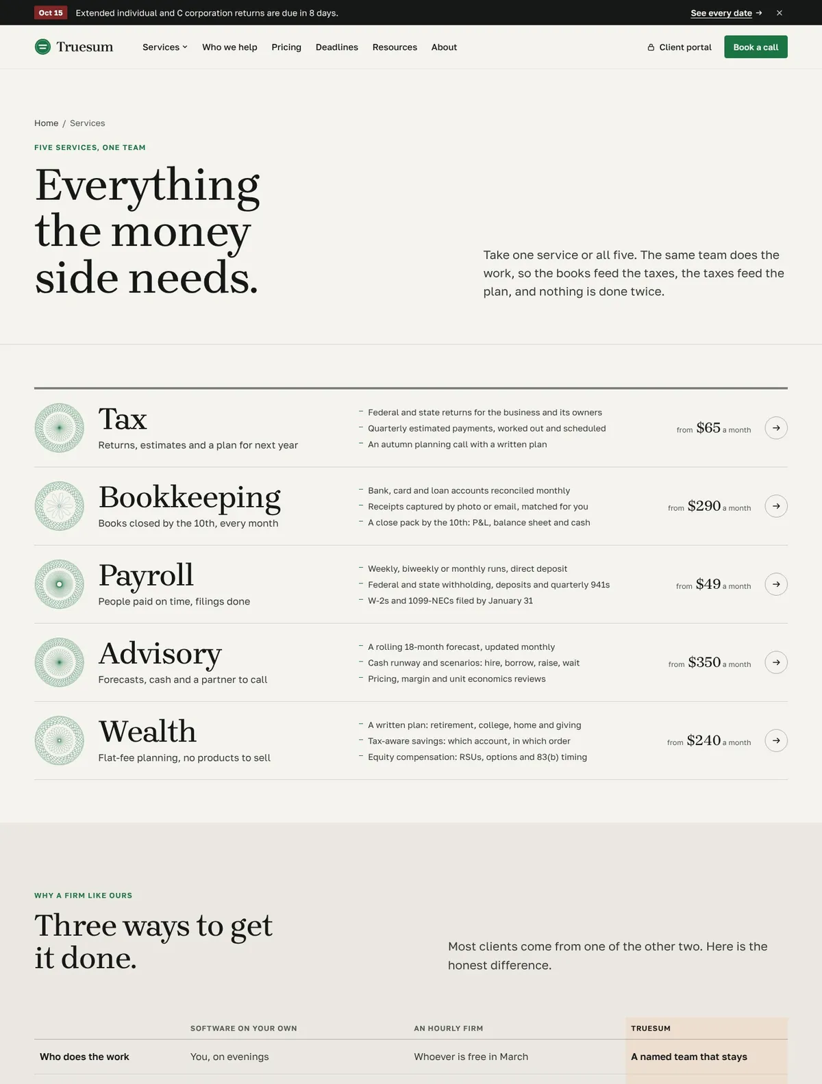 Truesum, Services page