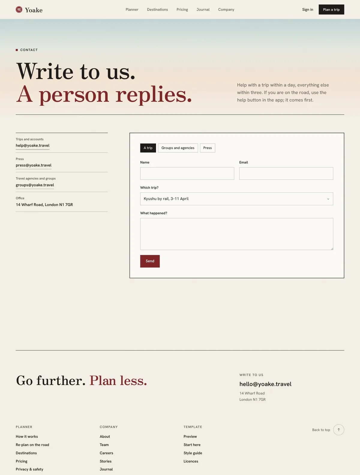Yoake, Contact page